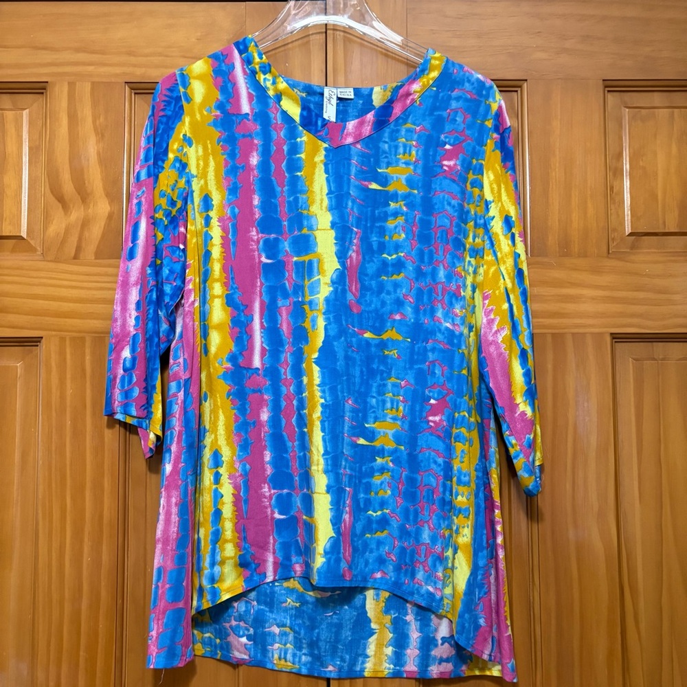 Ethyl Women's Relaxed Fit Tie-Dye Stripe Tunic - Blue Pink Yellow Size Small NWT